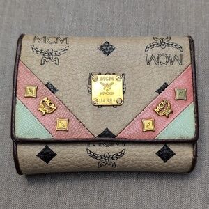 Authentic MCM Visetos Trifold Beige and Pink Leather Wallet with COA